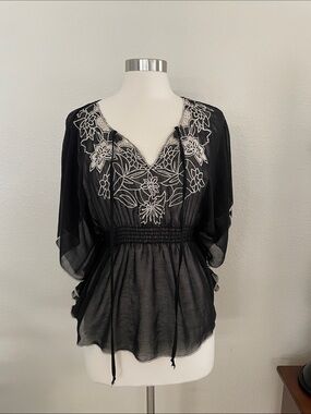 Rhapsody Black Sheer Embroidered V-Neck Blouse